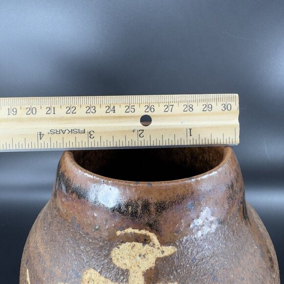 1997 Hand Made Primitive Style Pottery Vase Vessel Carved Brown Drip Glaze Vase - Picture 6 of 16